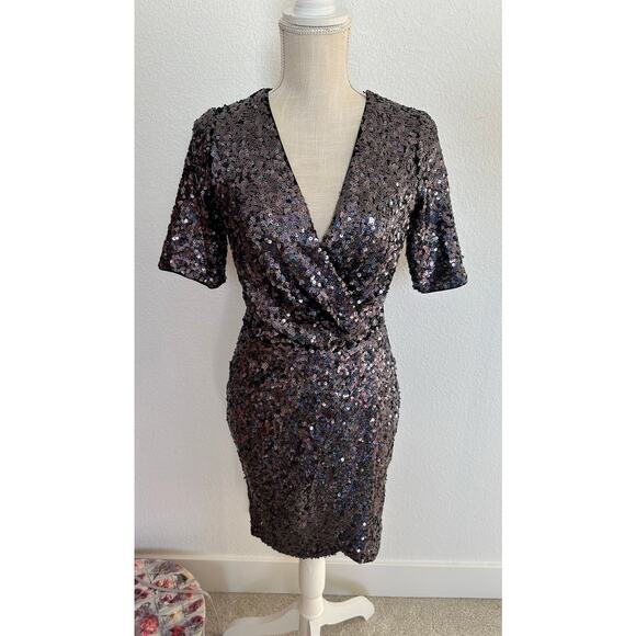 French Connection Lunar Sparkle Faux Wrap Mini Dress in Charcoal - 4 - Picture 2 of 8